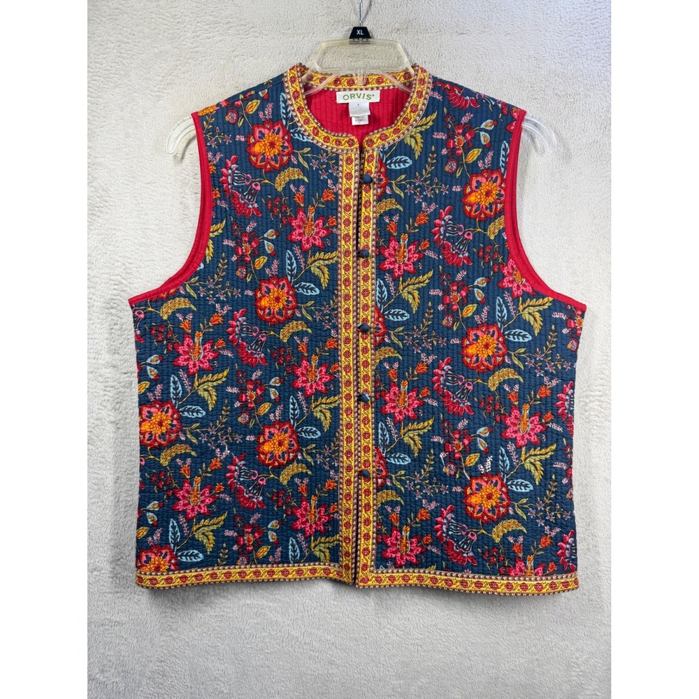 Orvis Quilted Vest Women's L Blue Red Floral Block Print Cotton Boho 8G950353